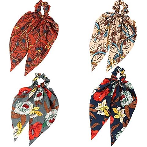Seatecks 4Pcs Chiffon Hair Scrunchies Elastic Hair Bands Bowknot Hair Scrunchy Hair Ropes Vintage Floral Scarf Hair Ties Ponytail Holder Hair Accessories for Women Girls Cover