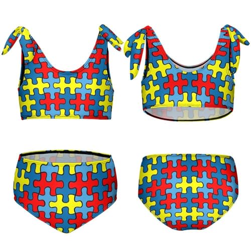 Girls Swimsuit 2-Piece Bikini Set Autism Colorful Puzzle Bright Beach Sport Bathing Suit Swimwear for 6-12T3