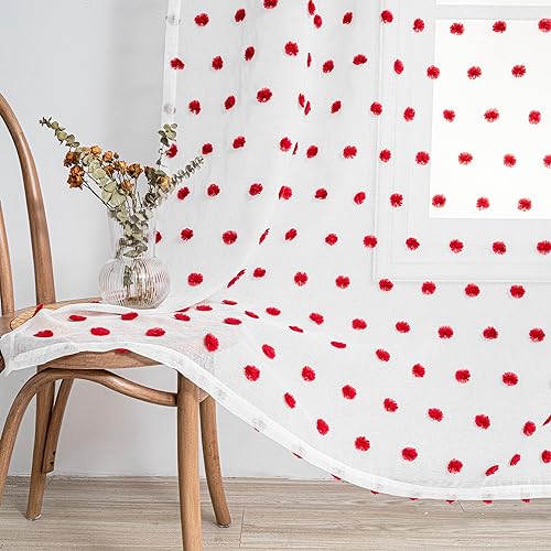Image of MYSKY HOME Red Pom Pom Curtains for Girls Bedroom 63 Inches Long 2 Panels | Nursery Curain for Kids Room, Sheer Curtains for Christmas Living Room Playroom, Rod Pocket, Window Drapes, 50 inch x 63 inch