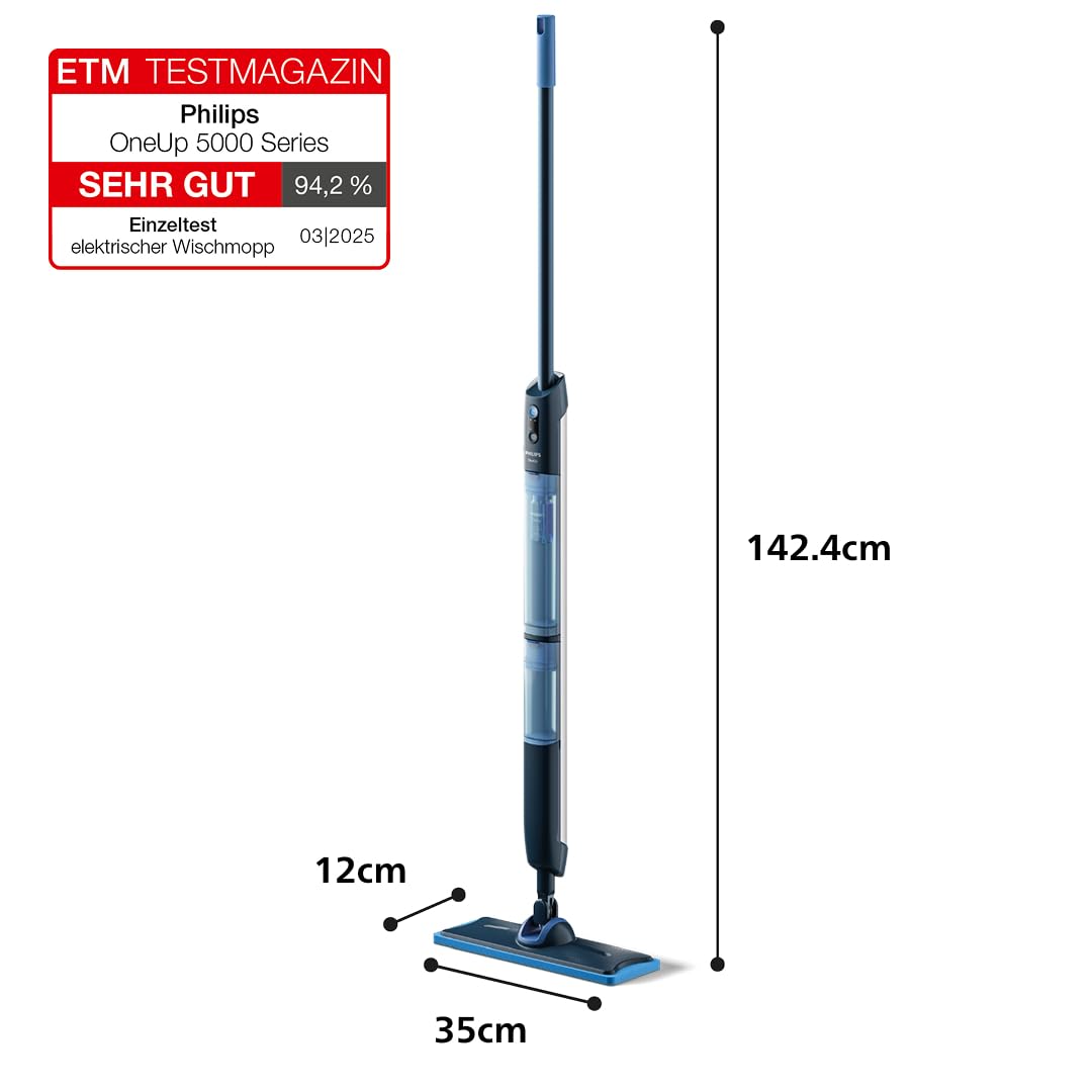 Philips OneUp 5000 Serie Elektrischer Wischmopp - 2X sauberere Böden², 2X schnelleres Wischen, Zwei Feuchtigkeitseinstellungen für Harte & empfindliche Böden, Kabellos mit 360° Drehgelenk (XV5113/01)