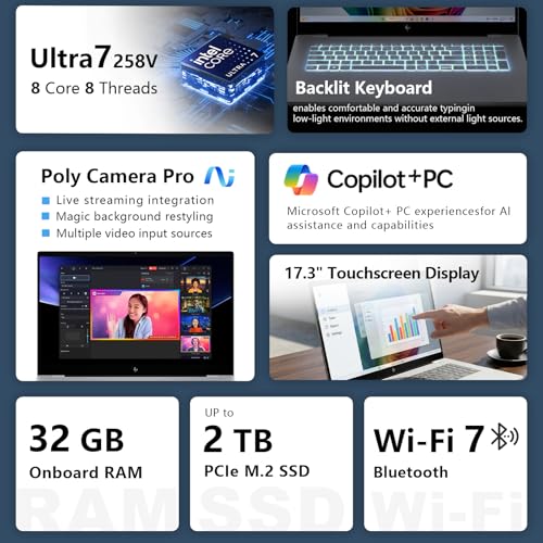 Image of HP OmniBook 7 17.3 inch Touchscreen Next Gen AI PC, Ultra 7 258V (Up to 4.8GHz), 32GB Onboard RAM, 2TB SSD, Intel AI Boost NPU (47 Tops), All-Day Battery Life, Wi-Fi 7, Win11 Pro, Bundle with PCO Cooler