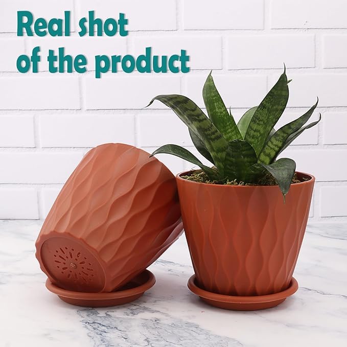 Image of Leafly Set of 5 Multicolor Round Flower Plant Pots (6.3 Inch) with Drainage Tray | Durable Lightweight Planters for Home, Office, Terrace, Balcony & Indoor /Outdoor Gardening (Crimson Wave)