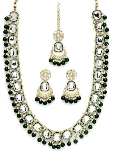Image of Karatcart Gold Plated Green Crystal and Pearl Studded Kundan Rani-Haar Necklace Set for Women