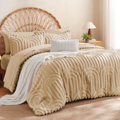 Image of MR&HM Queen Comforter Set Boho 7pcs, Khaki Weatern Arch Tufted Bedding Set