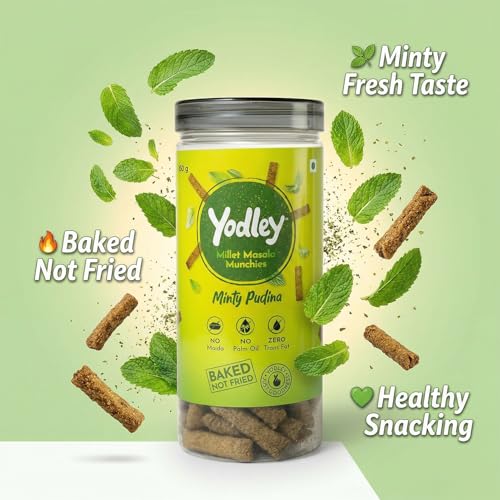 Image of Yodley Millet Masala Munchies - Minty Pudina Flavour | Baked, Not Fried | No Maida, No Palm Oil | Zero Cholesterol | Zero Trans Fat & High In Fiber | Calcium & Iron Rich | Healthy Indian Snack - 150gm