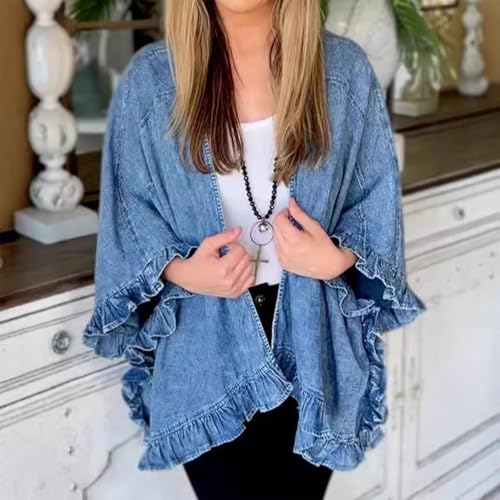 Women's Fashion Ruffle Denim Jacket Shawl Loose Fit Cloak Coat Jacket Washed Destroyed Denim Jackets Poncho Cape2