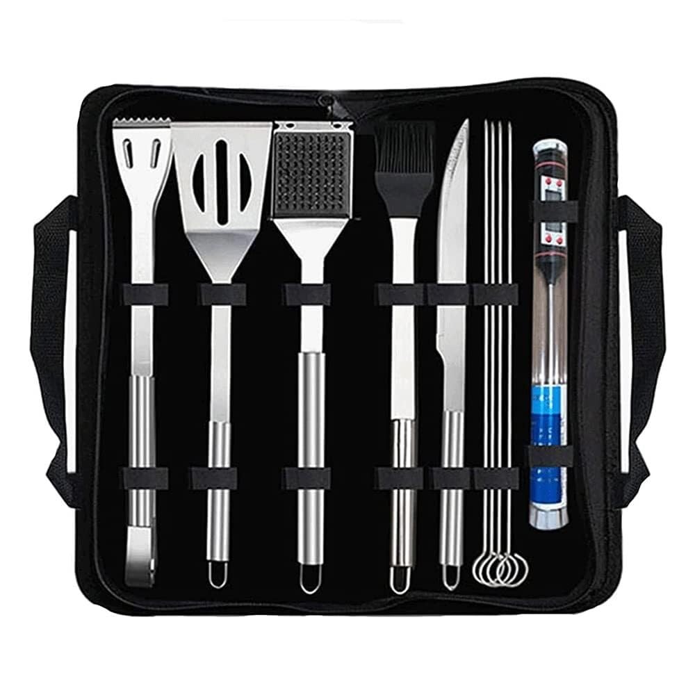 Set di 10 Accessori per Barbecue in Acciaio Inossidabile, Kit per Barbecue all'aperto con termometro per Alimenti, Spazzola e spiedini