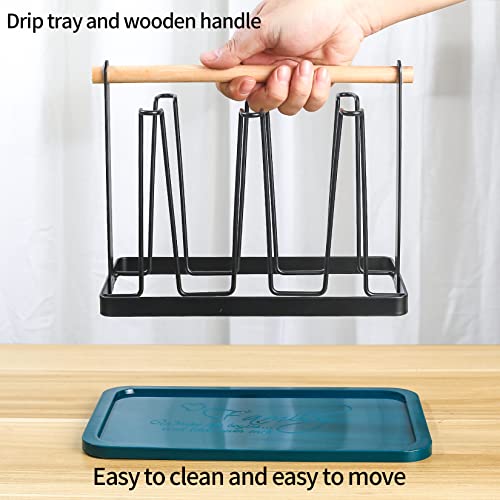 Cup Drying Rack, Glass Bottle Mug Cup Holder Stand with Drain Tray, Countertop Drainer Coffee Mugs Cups Bottles Organizer with Wood Handle and Removable Draining Tray for 6 Bottles, Cups, Mugs