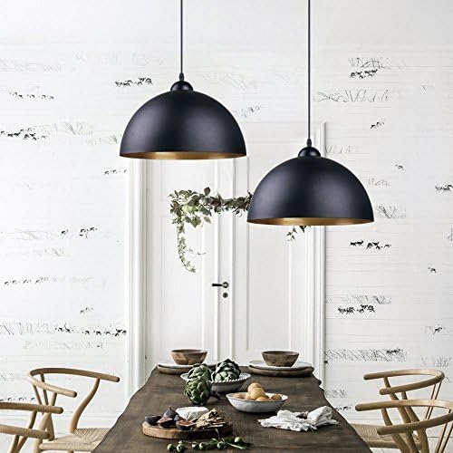 2er Pack Modern Metal Ceiling Pendant Light Fixtures - Minimalist Vintage Hanging Lighting 11.81in Black Gold Dome Lampshade E27 Base Fixture Edison Light for Kitchen Island Bedroom Salon