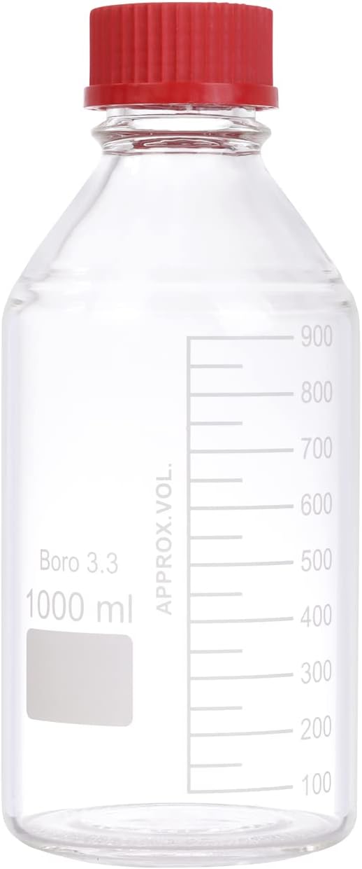 2 Pieces 1000ml Graduated Round Reagent Media Storage Lab Bottles with GL45 PBT Red Screw Cap, 3.3 Borosilicate Clear Glass
