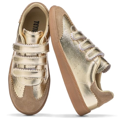 Teyiwow Sneakers for Women Lightweight Tennis Shoes Fashion Vegan Leather Hook & Loop Sneakers Non-Slip Walking Shoes(7,Gold)