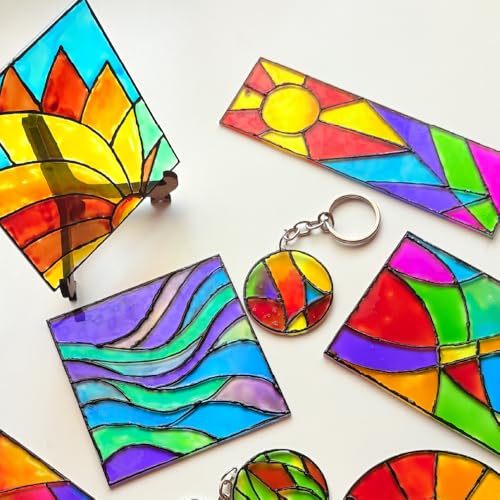 Image of The Crafthives Abstract Glass Painting Kit | DIY Stained Glass Style Art Set with Acrylic Templates, Colours, Brushes & Outliner | Creative Glass Painting Craft Kit for Kids Beginners Adults