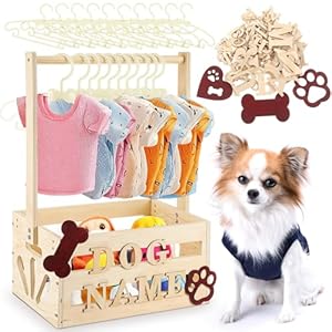 20″ x 13″ x 9″ Wooden Dog Closet Pet Wardrobe Crate Box with Hanging Rods and Personalized Alphabet Letters Easy Assembly Baskets for Dog Cat Toys Clothes Accessories(Wood)