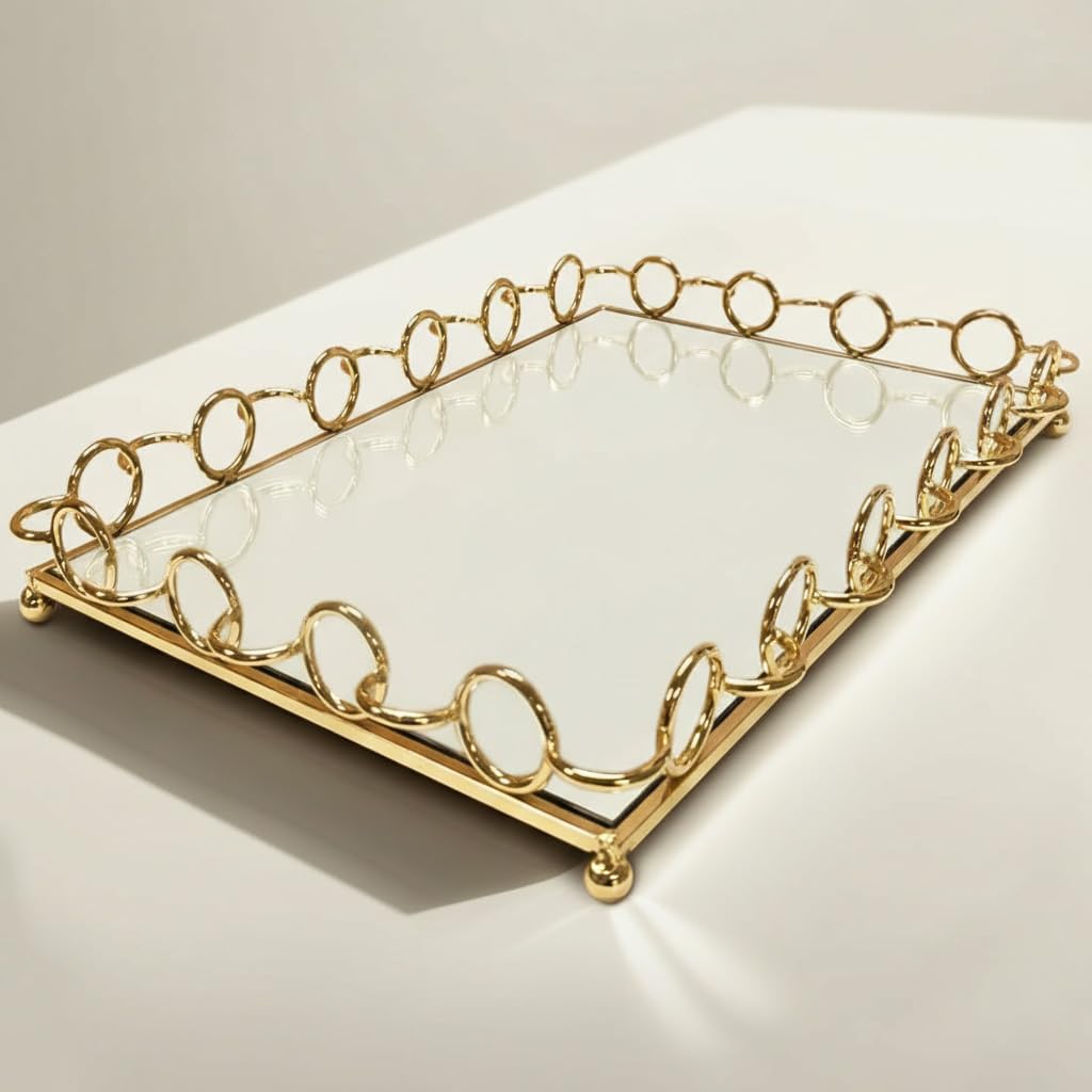Decozen Decorative Tray - Rose Gold Metal Wire Vanity Tray with Mirrored Glass - Elegant Design for Perfume, Jewelry, and Cosmetics Home Decor Accent for Makeup Vanity, Bathroom, or Bedroom - Square