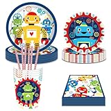 Robot Vajilla Decoracion,Vajilla Cumpleaños Decoracion Robot Set De Robot Vajilla Incluye Platos, Vajilla De Fiesta Robot, Vasos, Servilletas,Platos Taza Para Baby Shower 8 Personas