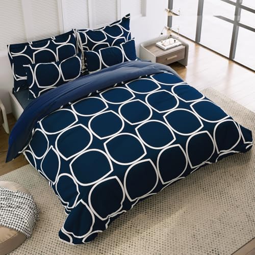 Image of DECOMIZER Super Soft Glace Cotton King Size AC Comforter II Blanket II Duvet for Double Bed with 1 Flat Bedsheet and 2 Pillow Cover - 4 Piece Comforter Set - NavyOval-300 TC
