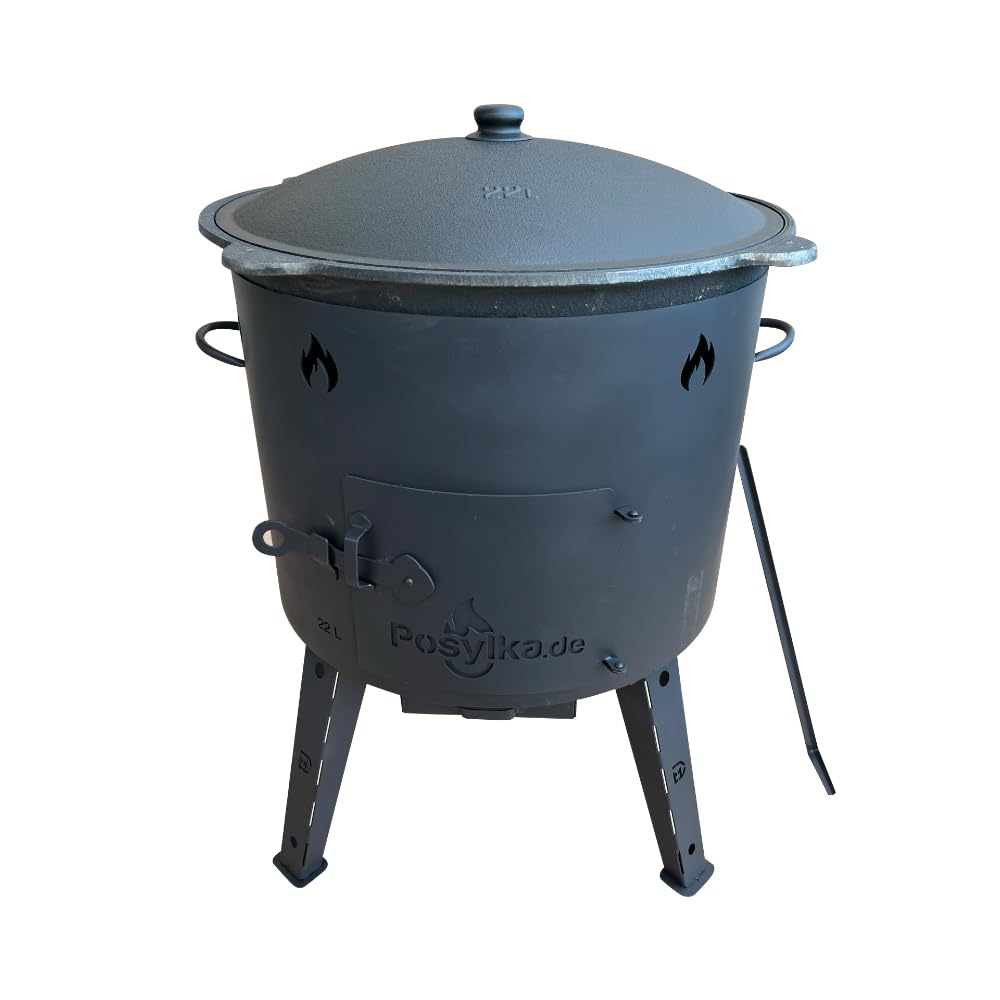 Utschak Feuerofen mit Gusseisen Topf runder Boden mit Deckel 22 L Kazan Outdoor Camping Set
