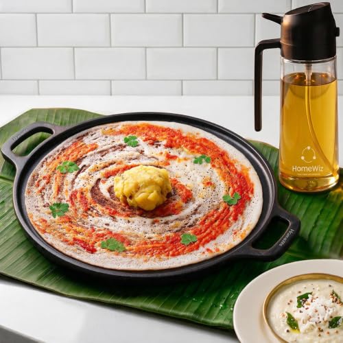 Image of HomeWiz Cast Iron Non Stick Dosa Tawa 30 cm | Free Oil Dispenser 500ml | Pre-Seasoned Cast Iron Tawa for Roti & Dosa | Big Size Cast Iron Dosa Tawa | Lifetime Usage | Works on Induction & Gas Stove