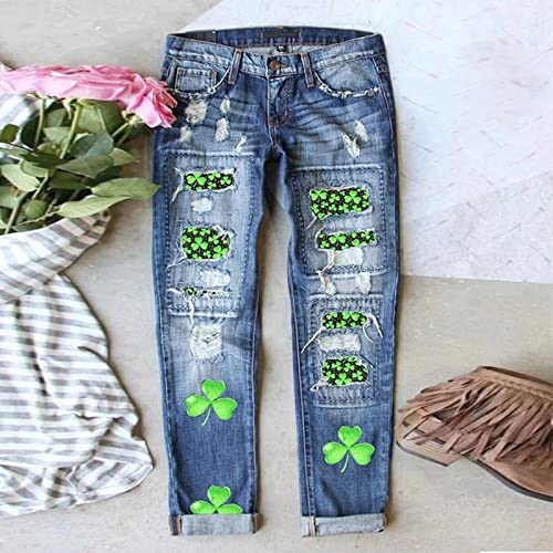 St Patricks Day Ripped Jeans Womens Irish Shamrocks Printed Festive Denim Pants Straight Leg Cuffed Democracy Jeans2