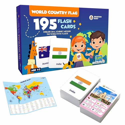 Image of SPARTAN KIDS 195 Country Flag Flash Cards for Kids | Flags of the World with Countries, Capitals & Currency | Geography Flashcards with World Map & Quiz | Educational Toys | Kids Learning Toys