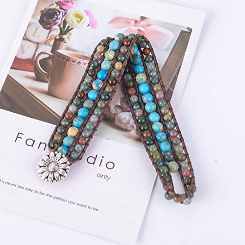 Ygline Boho Handmade Natural Stone Bead 3 Row Wide Wrap Wrist Statment Bracelet Jewelry Collection thumb #4