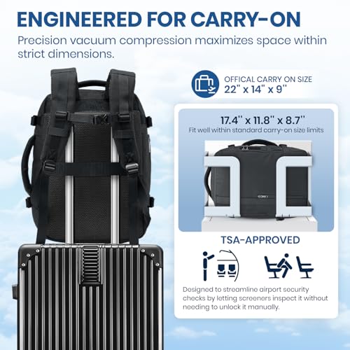 Fanwoli Vacuum Travel Backpack, Carry On Luggage with TSA Lock & Anti Theft Zipper, 60L Expandable Airback with Compression Pump, Waterproof Laptop Bag Ideal for Flight & Business,Black3