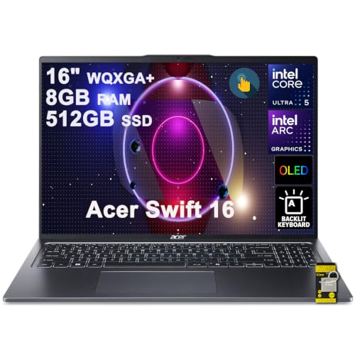 Image of Acer Swift 16 AI Laptop 16 inch WQXGA+ 3200x2000 OLED 120Hz Intel 14-core Ultra 5 125H 8GB RAM 512GB SSD Backlit Fingerprint Thunderbolt Wi-Fi6E for Creator Designer Business Professional Win11 ICP Hub