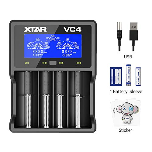 18650 Charger, XTAR VC4 Rechargeable Battery Charger, 4 Bays 18650 Fast Charger with LCD Display, For lithium rechargeable Flashlight batteries Ni-MH Ni-Cd AA AAA 10440 26650 14500 16340 18560 25500