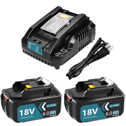 Amoresbat 互換 マキタ 18v バッテリー BL1860B 6000mAh大容量 2個 マキタ 18v バッテリー 充電器セット DC18RC充電器付き BL1815N BL1830B BL1860Bなど互換 LEDランプ残量表示 BMS基板搭載 高耐久性 日本PSE認証取得 PL保険付