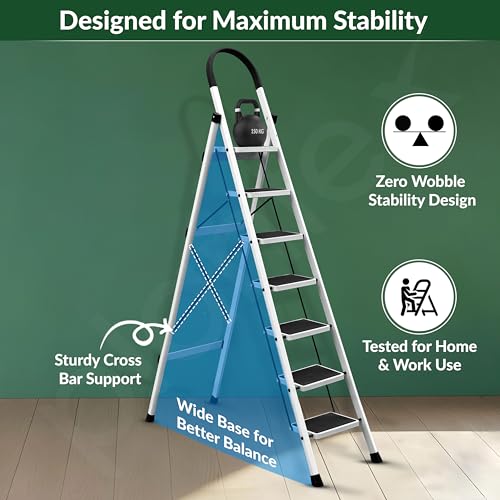 Plantex Ladder for Home 7 Steps/Foldable Ladder with Anti-Skid Wide Steps (30L x 20W cm)/Strong D-Shape Pipe with X-Support for More Stability/5 Year Warranty(Apex-White) - Image 6