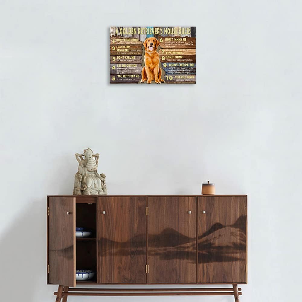 Golden Retriever Wall Art Dog Poster Quotes Wall Art House Rules Poster Vintage Framed Artwork Pet Home Decor Framed (12x18 inch)
