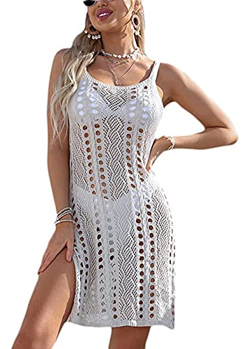 Traje de baño de playa de ganchillo mujer vestido beige con abertura