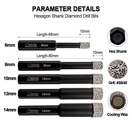 Shdiatool Dry Diamond Drill Bits Set Hole, 5Pcs Tile Hole Saw For Porcelian Ceramic Granite Marble Stones #TOP1