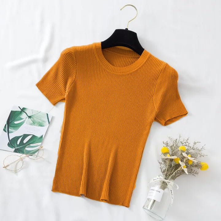 Image of Istyle Can Women Ribbed Slim Fit Top | Stretch Cotton Knit Crew Neck T-Shirt | Solid Casual Short Sleeve Tee for Office, Layering
