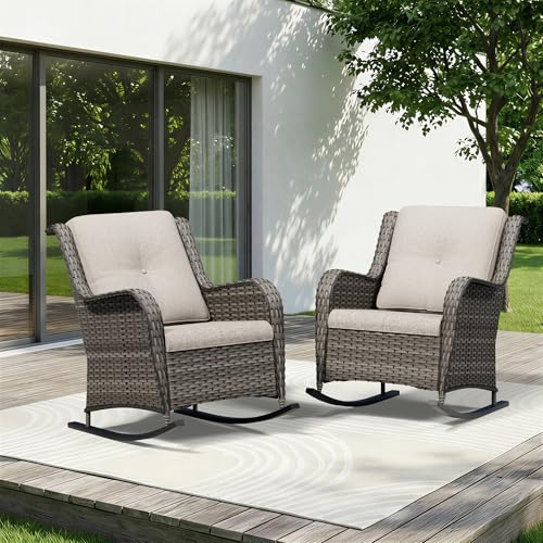 Image of Patio Rocking Chairs Set of 2, Outdoor Wicker Patio Furniture Set 2 Pieces with Thickened Olefin Cushions, High Back and Deep Seating, Hand-Woven PE Rattan for Porch, Deck, Beige