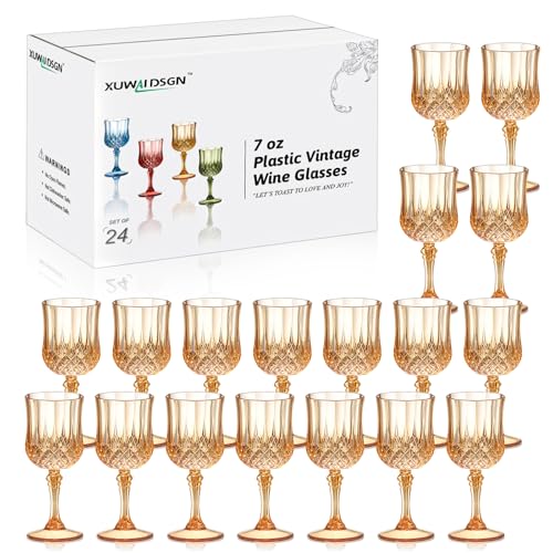 XUWAIDSGN 24 Pcs 7oz Plastic Vintage Wine Glasses Drinking Glasses Unbreakable Wedding Glassware Crystal Water Goblets Reusable Drinkware Vintage Champagne Flutes (24, Amber)