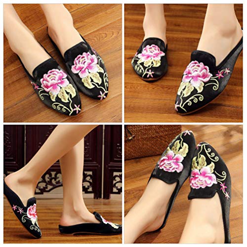 Holibanna 1 paire de chaussons ethniques brodés confortables et doux pour femme Motif pivoine florale chinoise, Noir , 38 EU – vue 8