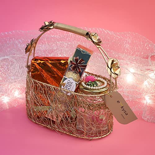Image of metal meshwire multipurpose hamper Fancy Basket /Tray /Platter with handles for Packing, Gifting, Decoration - Golden (8 * 4 * 4 inch)