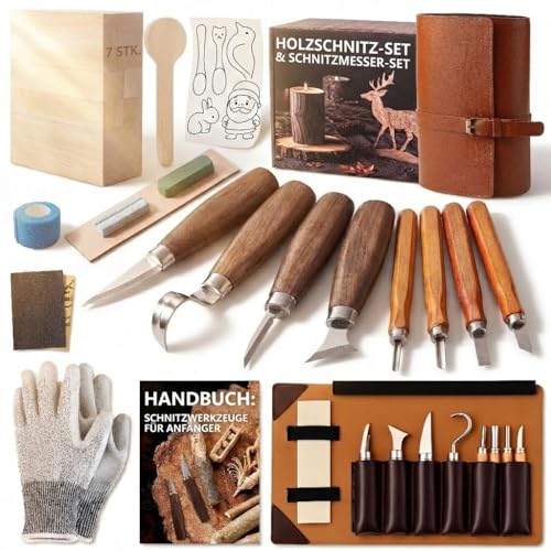 Bluvizo Schnitzwerkzeug Holz Schnitzset für Anfänger: Schnitzmesser Set 25-tlg. zum Schnitzen - HolzSchnitzset Carving Kit mit Anleitung, Handschuhe und Lindenholz für Erwachsene Geschenk