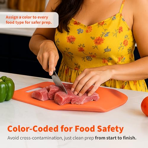 Image of IMUSA Cutting Board Set, 3-Pack 11.8 inchx7.4 inch, Nesting | Plastic, color-coded for meat and veggies to prevent cross-contamination, handles, curved edge for easy pour, dishwasher safe