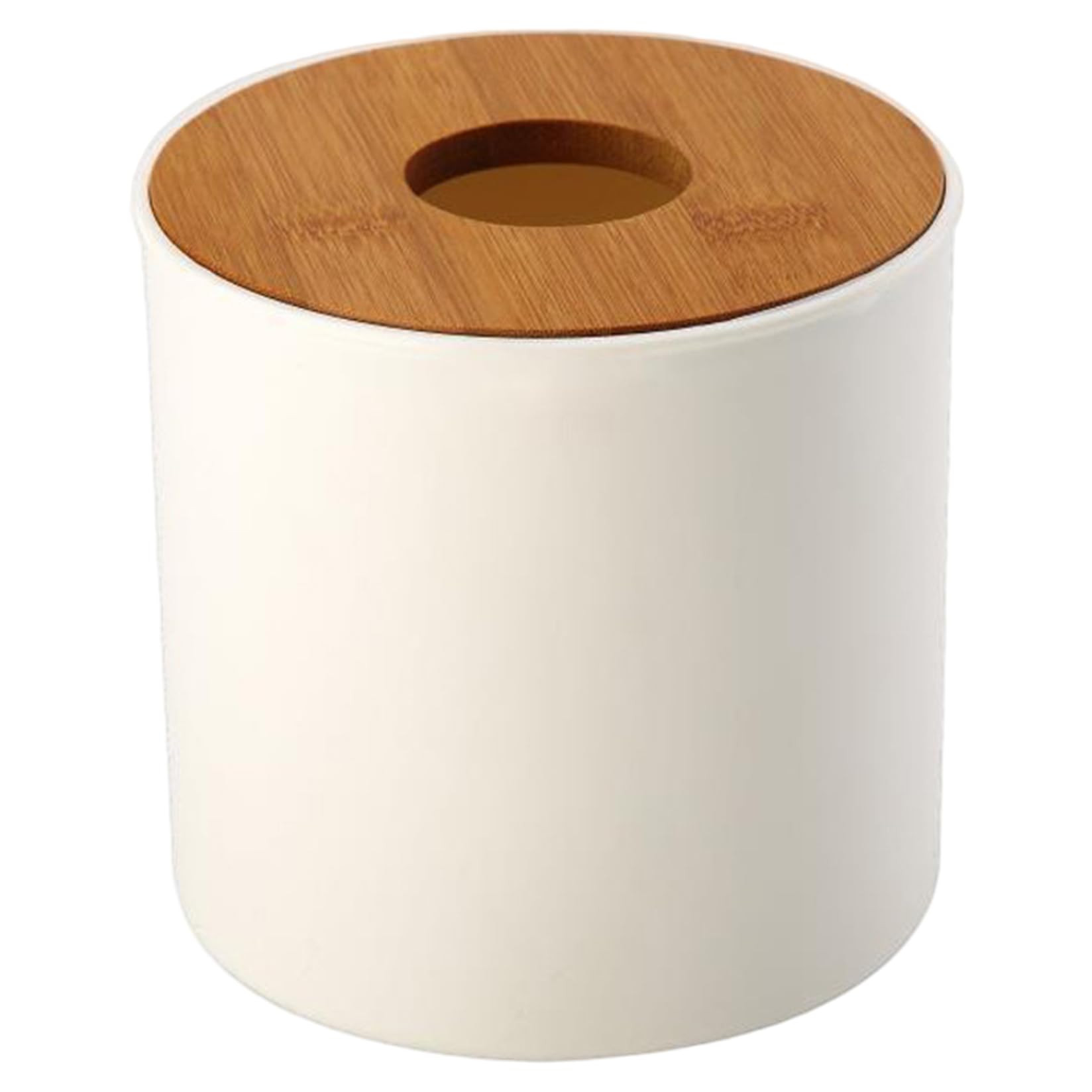 Hbbgdiy Round Tissue Holder with Removeable Bamboo Lid Waterproof Plastic Toilet Paper Roll Cover Box for Bathroom, Kitchen, Bedroom, Office, Modern Decorative Tissue Container