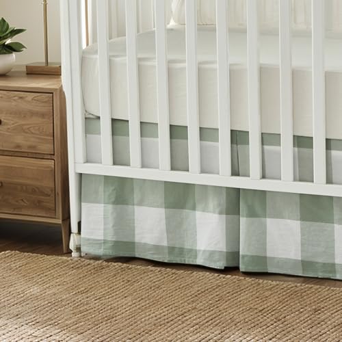 Image of Brandream Crib Skirt Gingham Tailored, Baby Boy, Baby Girl, Gender Neutral Crib Skirt, Toddler Bedskirt Farmhouse Chic Nursery Crib Bed Skirt, Bohemian Green Plaid Gingham Dust Ruffles