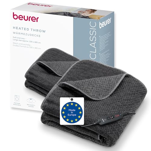 Beurer Hd 65 Heizdecke, Leichte WäRmedecke Aus Weichem Material Mit 3 Temperaturstufen, Heizdecke Mit Abschaltautomatik Und Sicherheitssystem, Maschinenwaschbar Bei 30 °C, Made In Europe, Grau-image