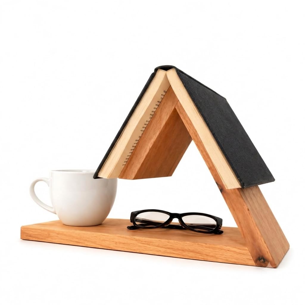 Iron and wood master Wooden Book Valet Stand with Built-in Mug Coaster & Glasses Holder | Triangular Nightstand Book Rest & Page Saver | Bedside Table Organizer, Gifts for Book Lovers