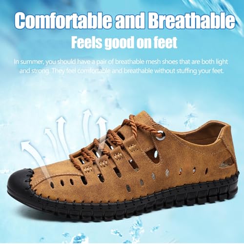 Men's Hollow Closed Toe Leather Handmade ls,Soft Lightweight Slip-On Flat Fisherman Non-Slip Beach ls Walking Driving Shoes2