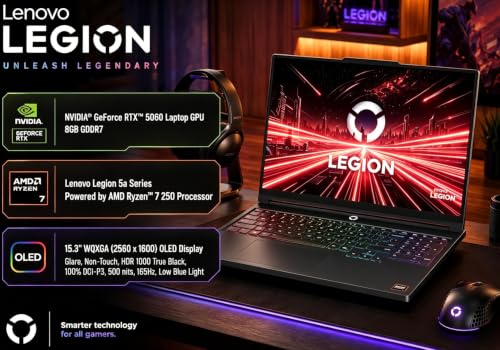 Image of Lenovo Legion 5a Gaming Laptop, AMD Ryzen 7 250(Up to 5.1GHz) | GeForce RTX 5060 | 15.3 inch WQXGA (2560x1600) OLED 165Hz Display | 32GB DDR5 RAM, 1TB SSD | Wi-Fi 7, RJ-45 | RGB Backlit | Win 11