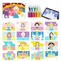 MoimTech Sand Art Kits for Kids,16 Arts and Crafts Designs,Sheet Sand Art Painting Cards,Princess and Castle Theme,Reusable Sand Tray 12 Color Sands & Tools,Stocking Stuffers for Kids