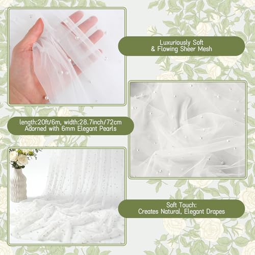 Image of Wedding Arch Draping Fabric with Pearl 28.7 inch x 20 ft Ivory White Sheer Gauze Fabric Backdrop Drapery for Wedding Arbor Ceremony Bridal Shower Birthday Party Reception Decor(White)