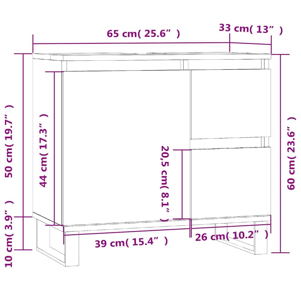 Szafka łazienkowa dąb wędzony, 65 x 33 x 60 cm, materiał drewnopochodny z żelaznymi nóżkami i elastycznym montażem na drzwiach zapewnia stylowe miejsce do przechowywania w łazience