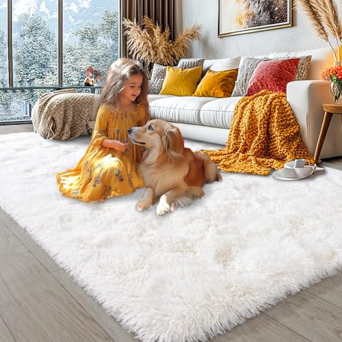 KING DARE 6x9 Area Rugs for Living Room Cream White Rug, Fluffy Shaggy Fuzzy Plush Furry Large Floor Carpet, Anti-Slip Washable Modern Soft Rug for Bedroom Girls Boys Room Indoor